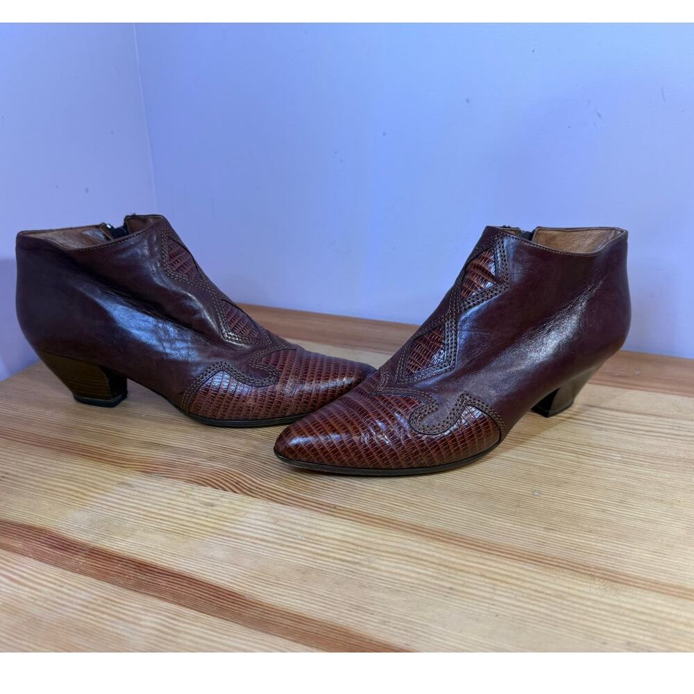 Paloma Italy Brown Leather Lizard Embossed Ankle Boots 7.5 AA Vintage